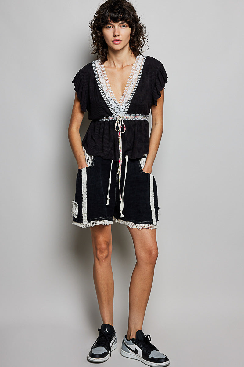 POL Tied Ruffled V-Neck Short Sleeve Blouse with Lace Detail in Black