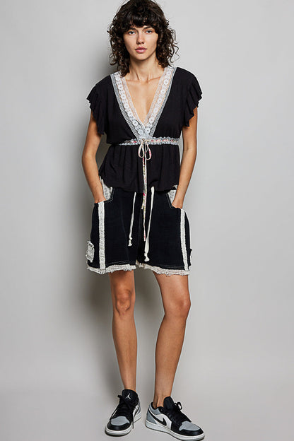 POL Tied Ruffled V-Neck Short Sleeve Blouse with Lace Detail in Black
