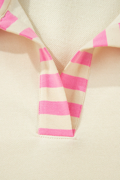 Threaded Pear Pink Stripe Contrast Polo Collar Drop Shoulder Patchwork Plus Size Pullover