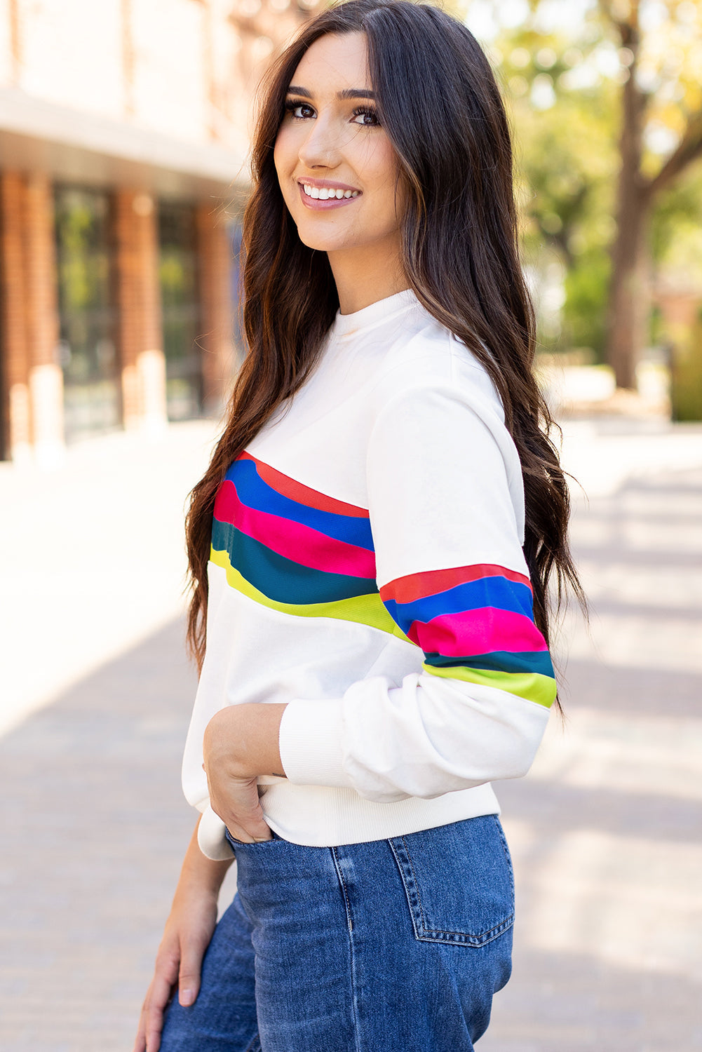 Threaded Pear Alora Striped Accent Long Sleeve Top