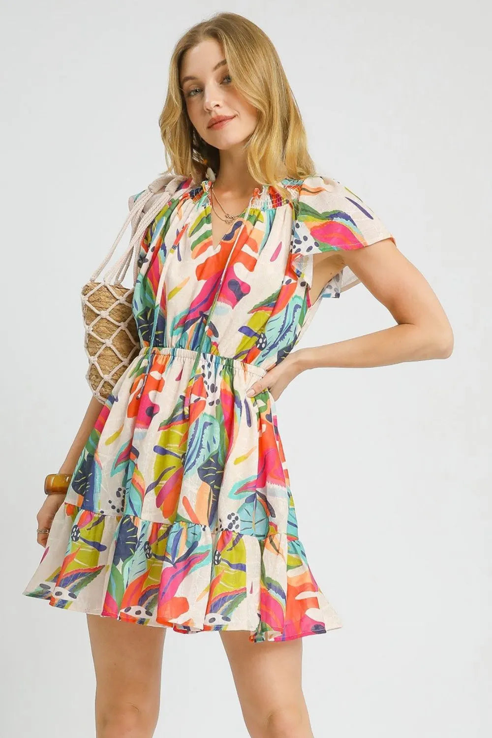 Umgee Printed Tie Neck Ruffled Hem Dress