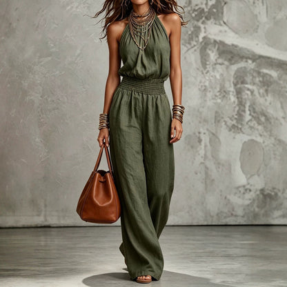 Women's Sleeveless Backless Lace-Up Halter Wide-Leg Jumpsuit