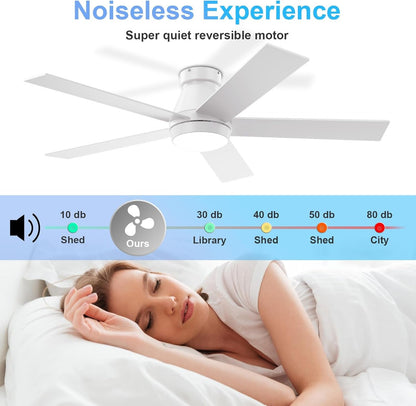 52" Ceiling Fan with Lights, White Flush Mount Ceiling Fans, 5 Blades Low Profile Ceiling Fans, 6 Speeds DC Reversible, Dimmable, Modern Ceiling Fans for Bedroom, Living Room and Garage (White)