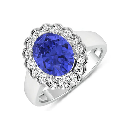 2.69 Ct Oval Violet Tanzanite and White Diamond Prong 14k Gold Halo Statement Floral Ring