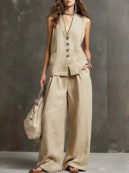 Women's Sleeveless Vest & Wide-Leg Pants Two-Piece Set – 10 Colors XS–3XL