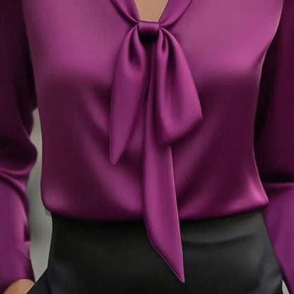 Elegant Satin Ribbon Blouse — Long Sleeve Button-Down Work Shirt