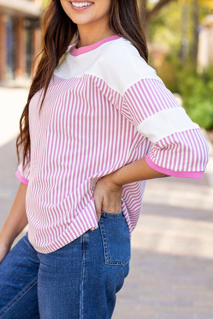 Threaded Pear Aliyah Striped Patchwork 3/4 Sleeve Casual Top