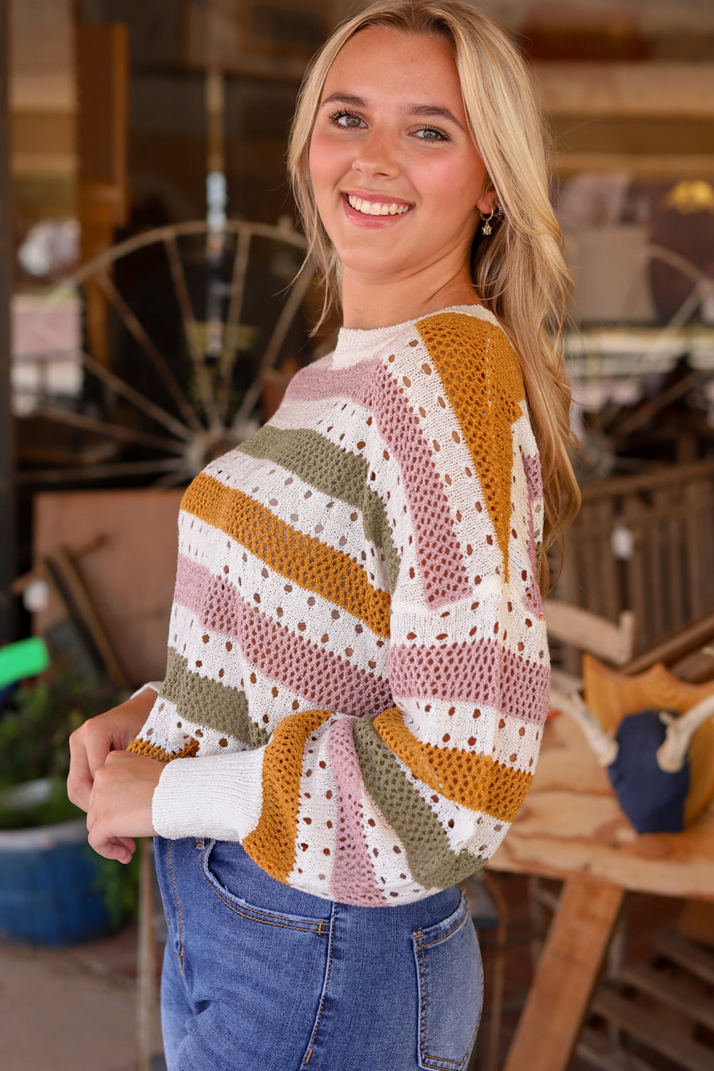 Threaded Pear Caroline Striped Hollowed Knitted Loose Sweater