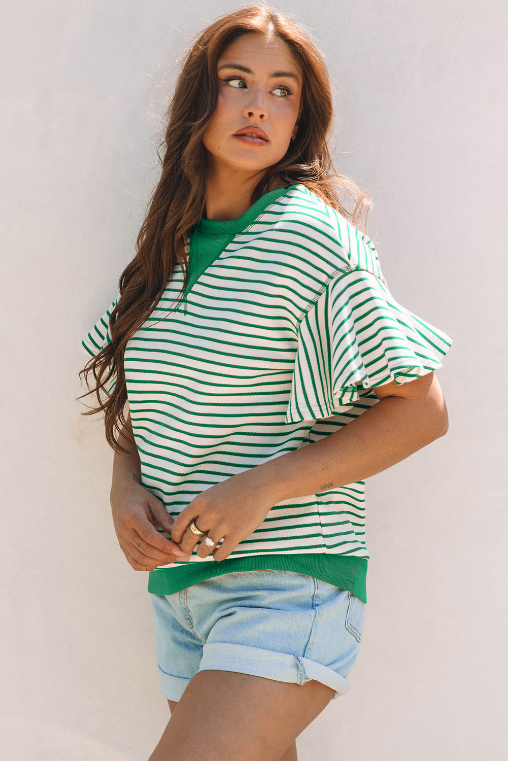 Threaded Pear Sol Ruffle Short Sleeve Top