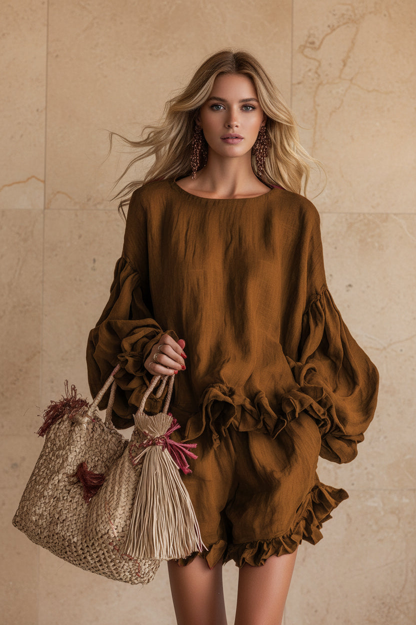 Women's Lantern Sleeve Ruffle Hem Top & Ruffle Shorts Linen-Style Two-Piece Set