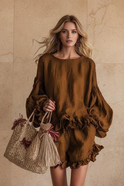 Women's Lantern Sleeve Ruffle Hem Top & Ruffle Shorts Linen-Style Two-Piece Set