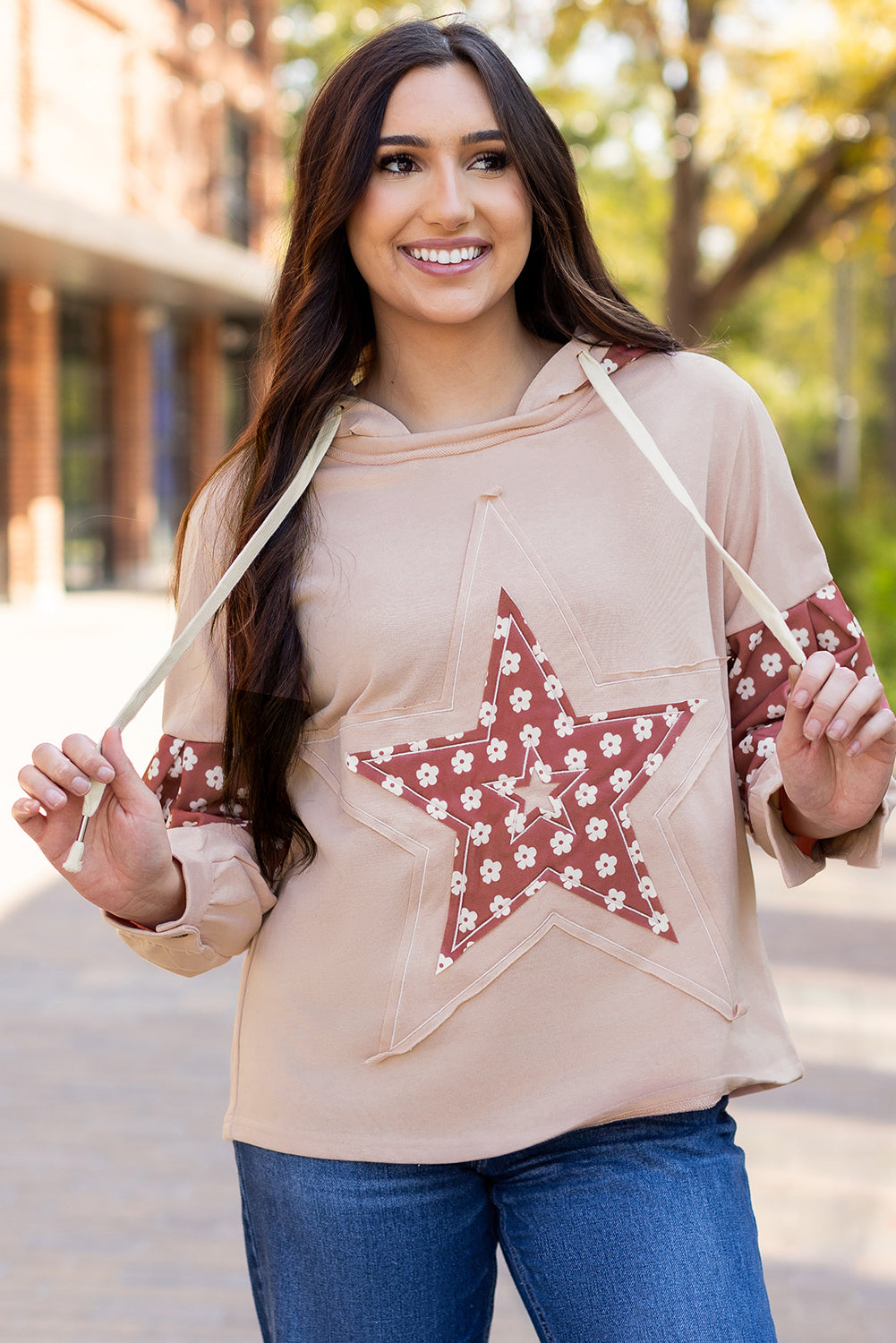 Hallie Star Pattern Drawstring Hoodie - Threaded Pear
