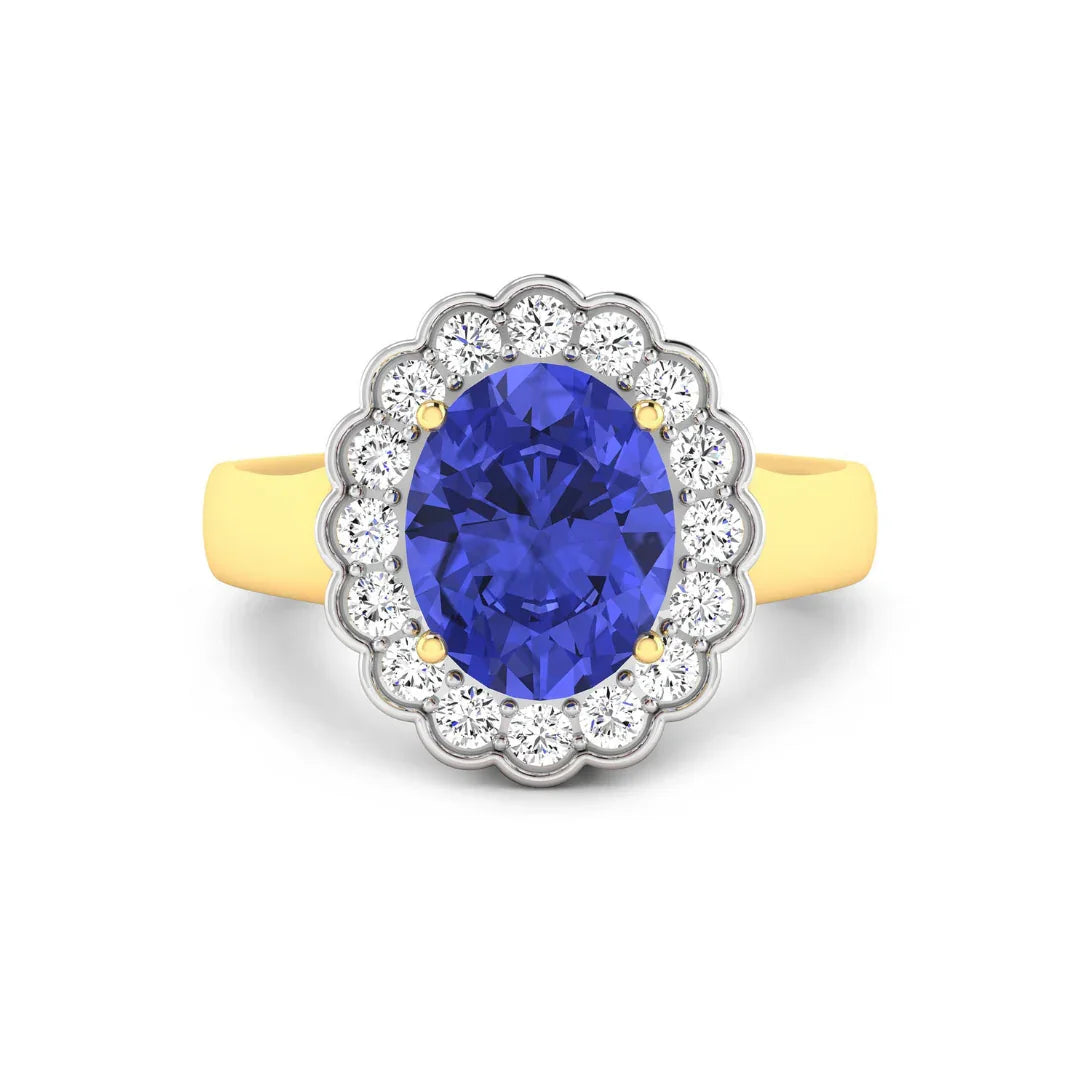 2.69 Ct Oval Violet Tanzanite and White Diamond Prong 14k Gold Halo Statement Floral Ring