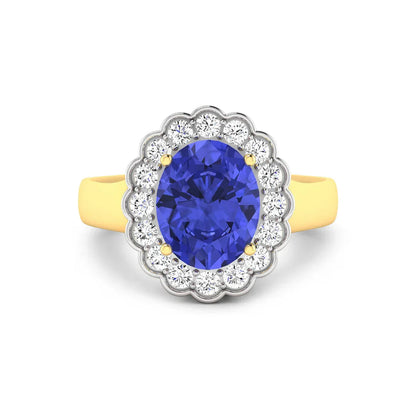 2.69 Ct Oval Violet Tanzanite and White Diamond Prong 14k Gold Halo Statement Floral Ring