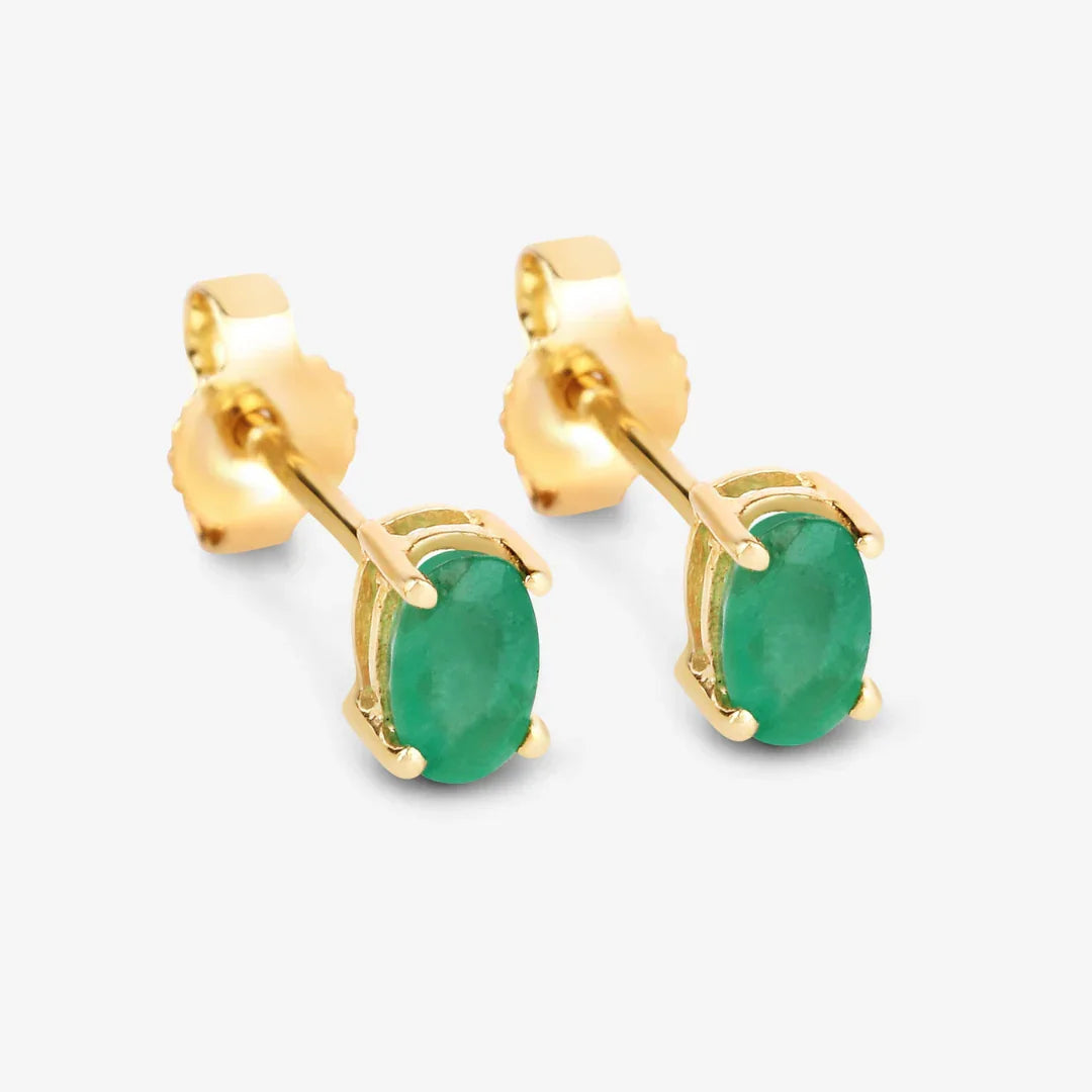 0.38 Ct Oval Green Zambian Emerald Prong 10K Gold Stud Earrings