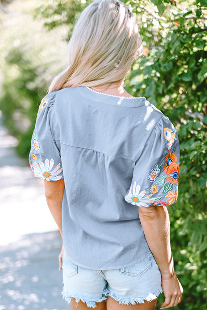 Threaded Pear Hadlee Floral Embroidered Puff Sleeve Split Neck Blouse