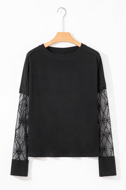 Light Pink Solid Color Bow Textured Patchwork Long Sleeve Tee