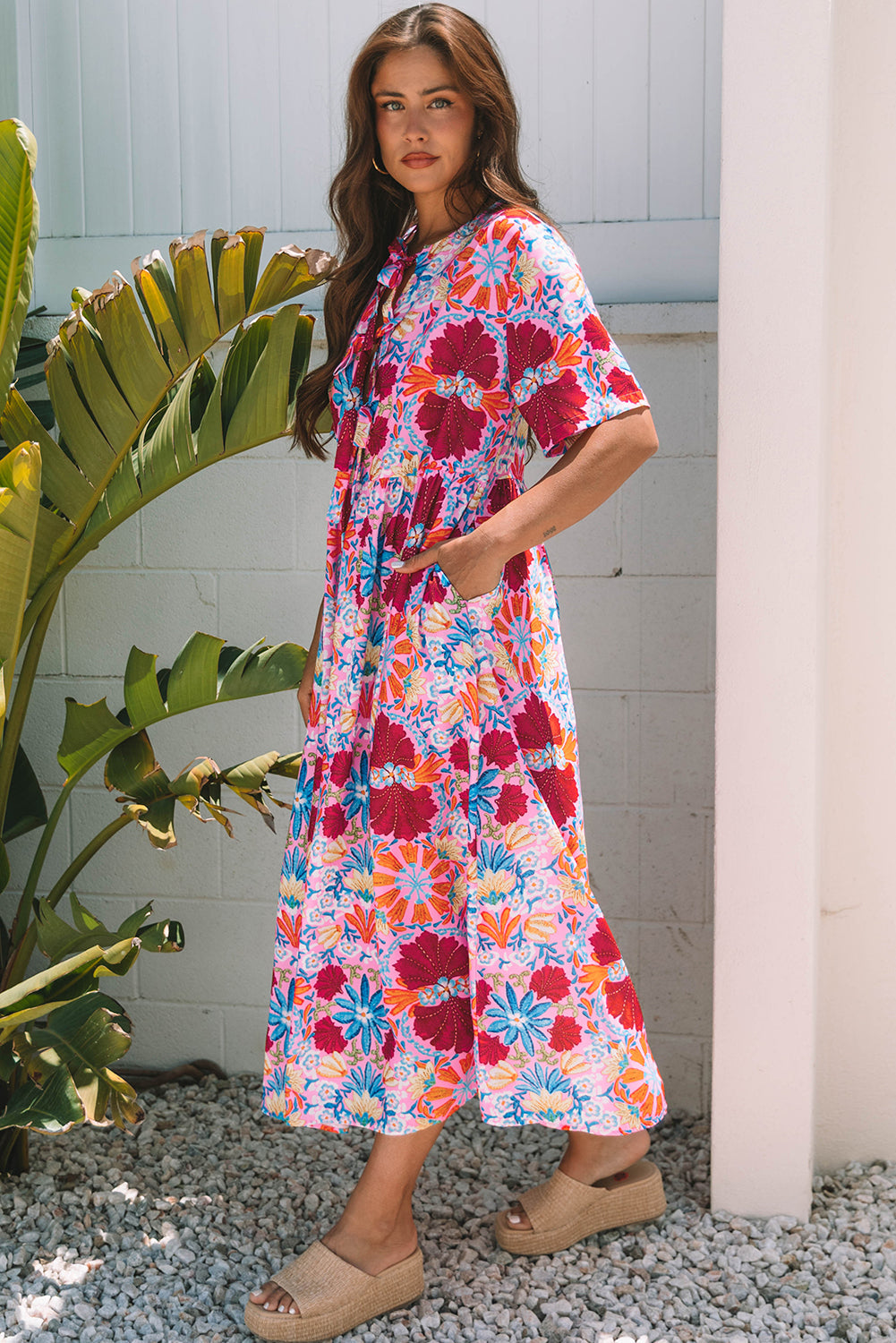 Threaded Pear Hannah Floral Tied Front High Waist Long Dress