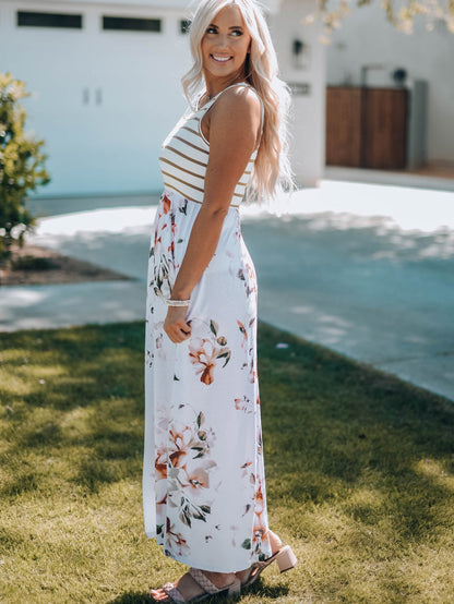 Threaded Pear Zora Striped Floral Sleeveless Maxi Dress with Pocket