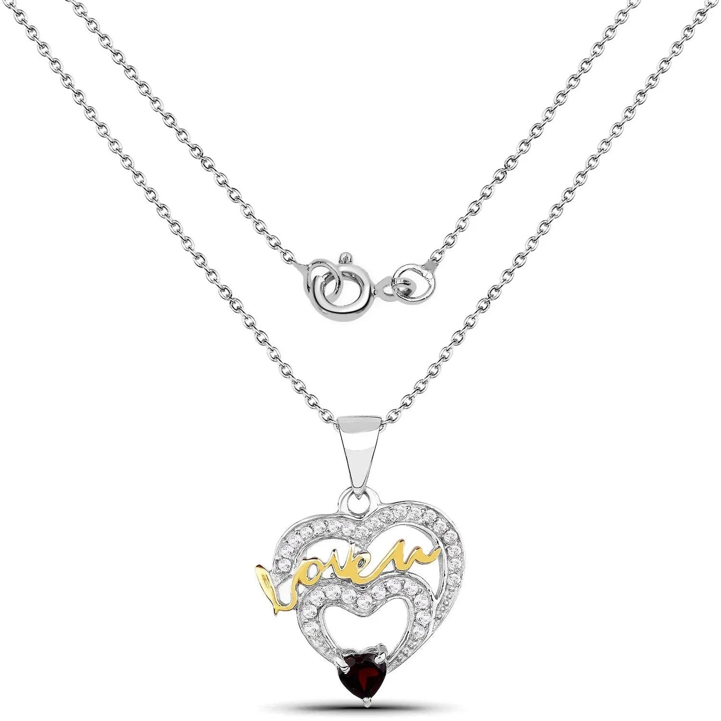 Heart Red Garnet Prong Silver Love Mom Charm Necklace