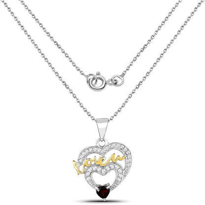 Heart Red Garnet Prong Silver Love Mom Charm Necklace