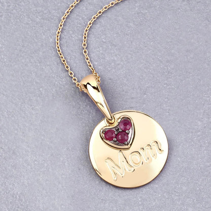 Round Red Ruby Prong Gold Plated Silver Mom Heart Pendant Necklace