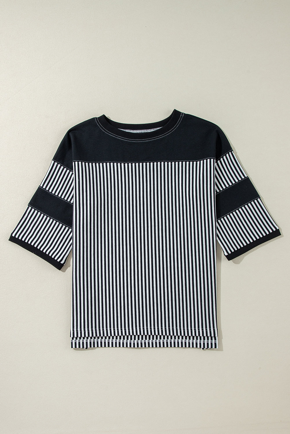 Threaded Pear Aliyah Striped Patchwork 3/4 Sleeve Casual Top