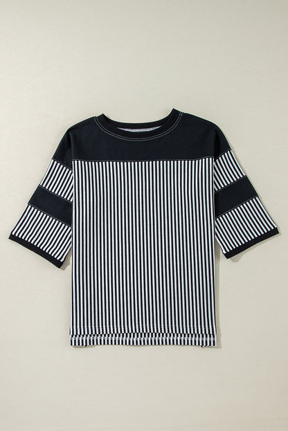 Threaded Pear Aliyah Striped Patchwork 3/4 Sleeve Casual Top