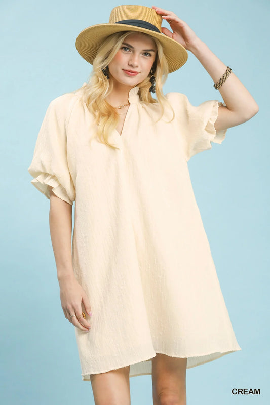 Umgee Linen Blend Ruffle Dress in Cream