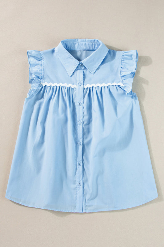 Threaded Pear Sky Blue Ric Rac Trim Frilly Sleeveless Shirt