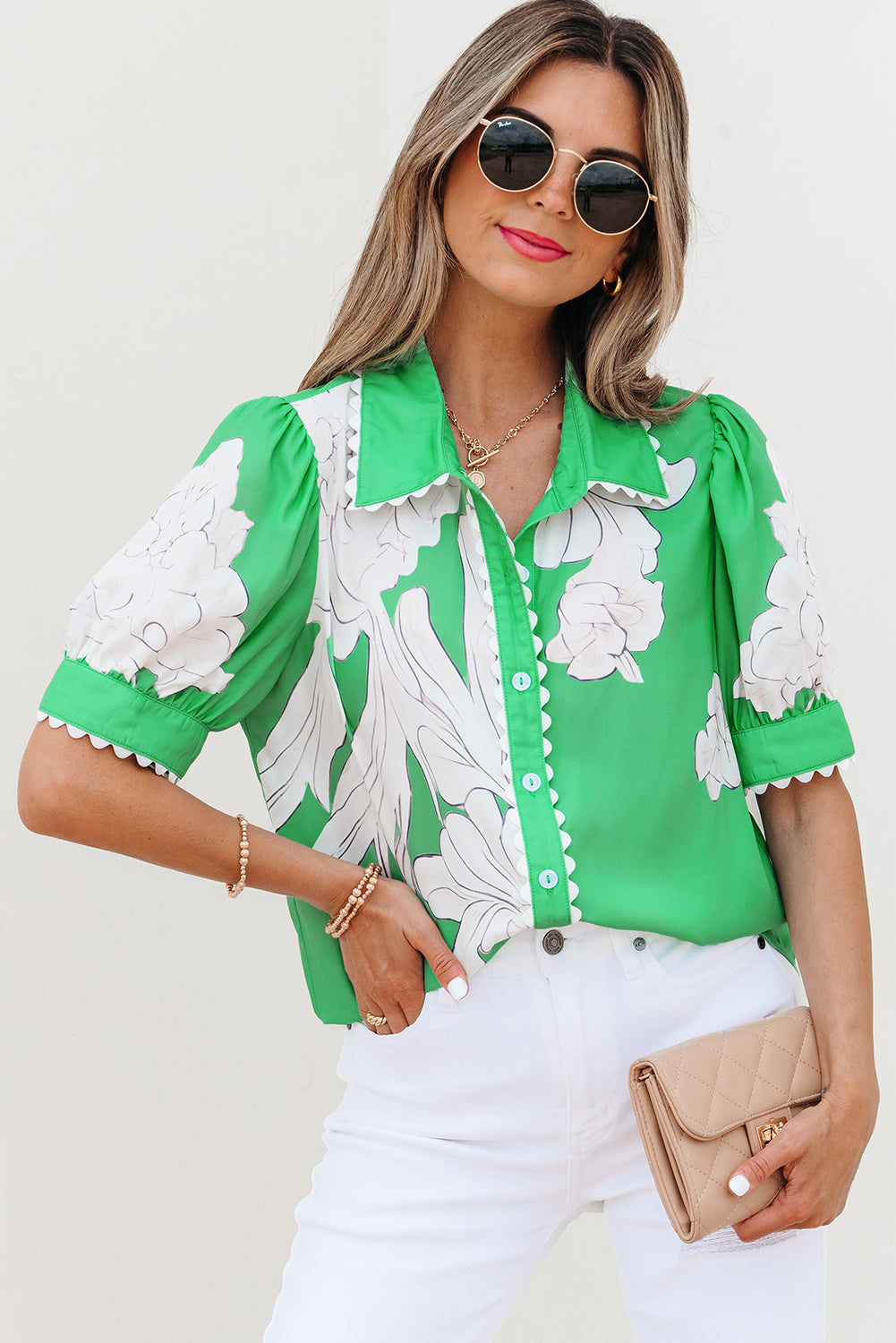 Threaded Pear Celina Floral Ric Rac Edge Sleeve Blouse