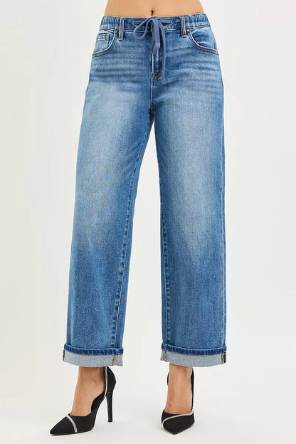 RISEN Elastic Band Slouch Ankle Boyfriend Cuffed Hem Jeans