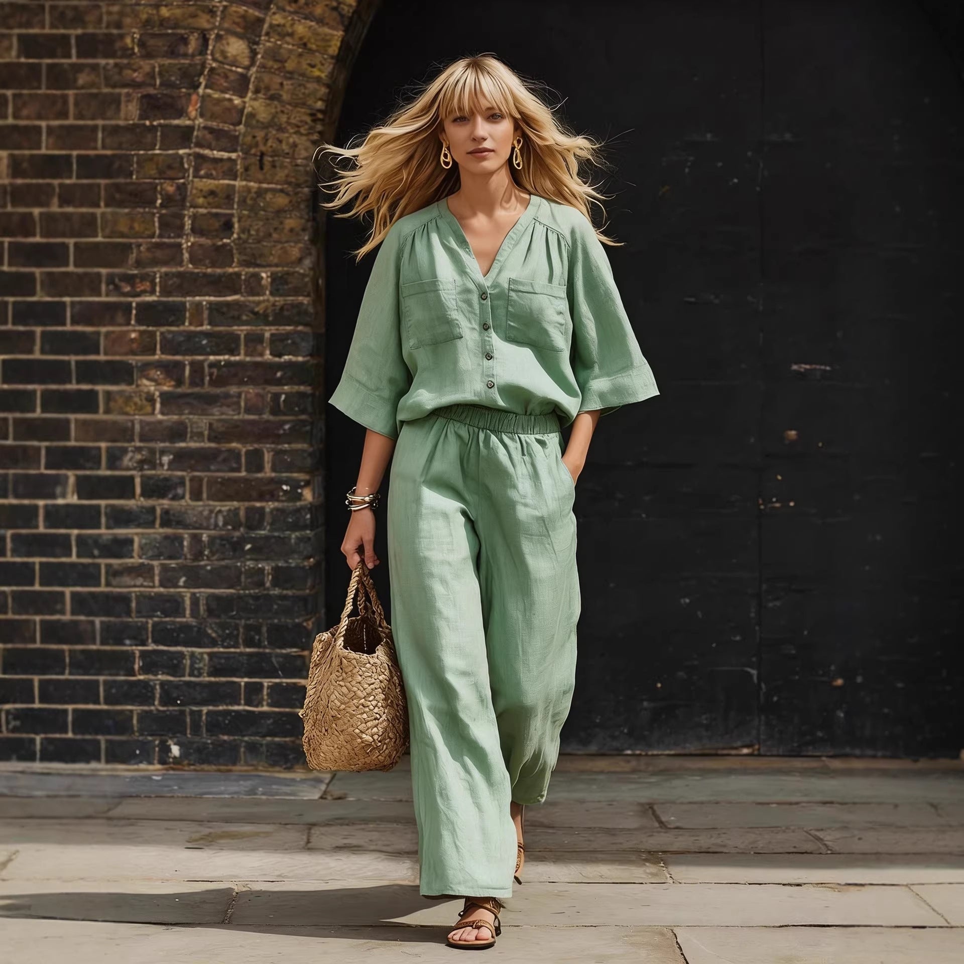 Women's Linen Button-Up Cardigan & Wide-Leg Pants Set – 2-Piece