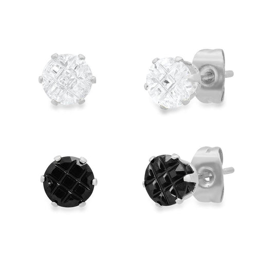 Black & Silver Cross Cut CZ Stud Set