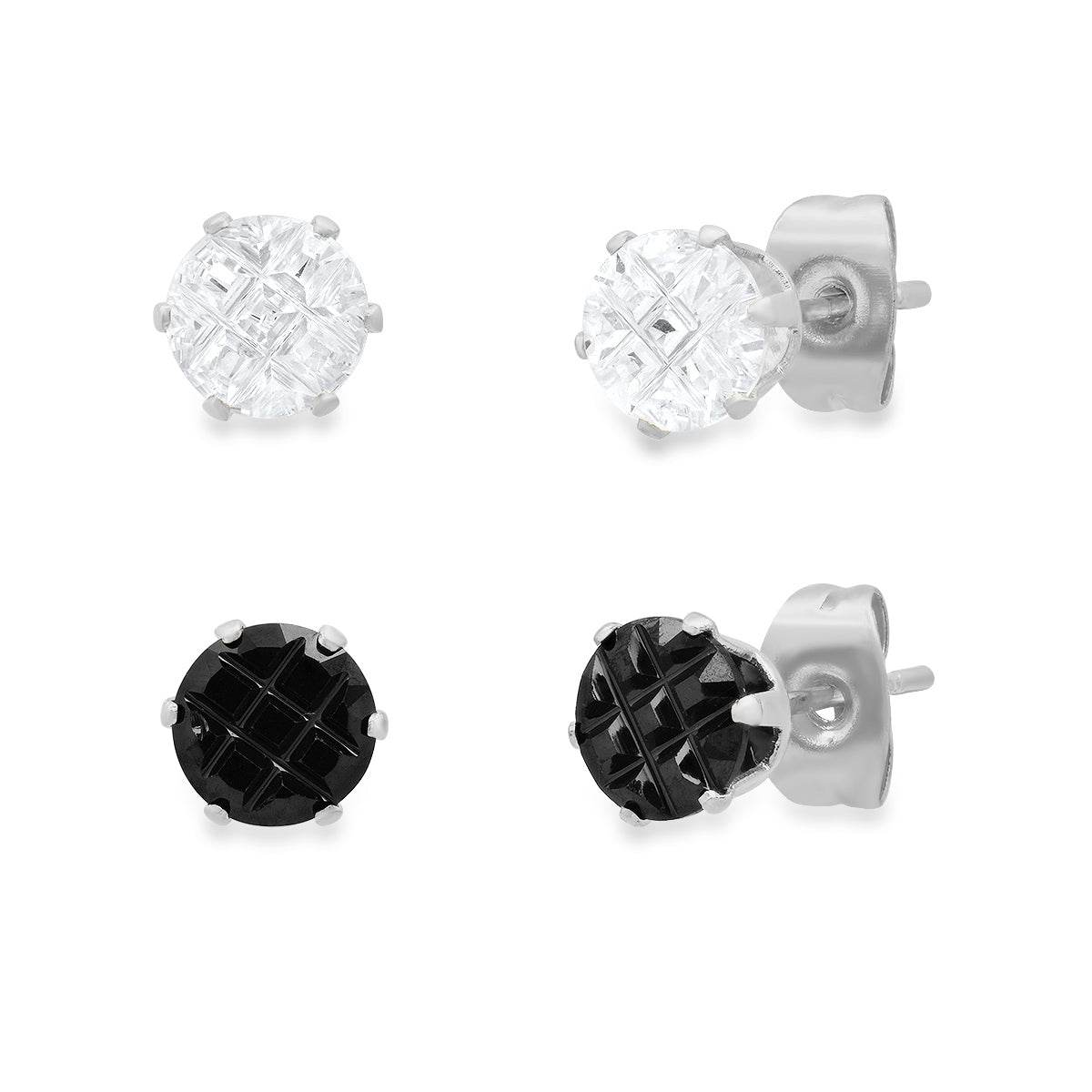 Black & Silver Cross Cut CZ Stud Set