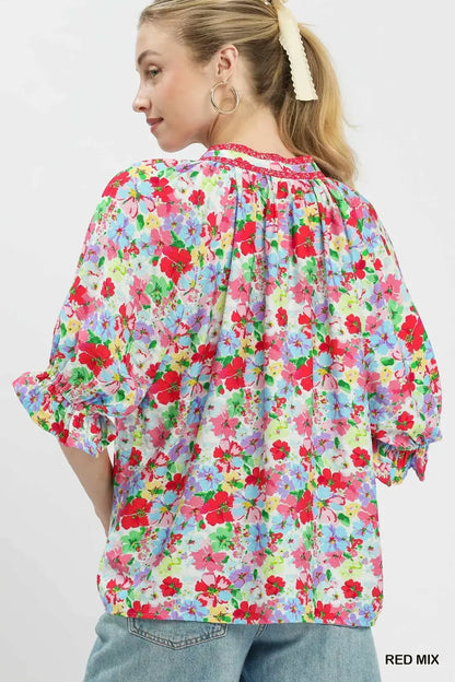 Umgee Mix Floral Print Ruffle Top