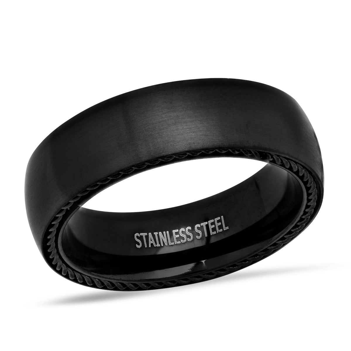 Black IP Stainless Steel Band Ring With Rope Inlay Accent