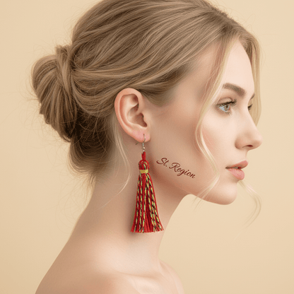 Red Multi-Colored Polyster & Silvertone Tassel Statement Hook Earrings