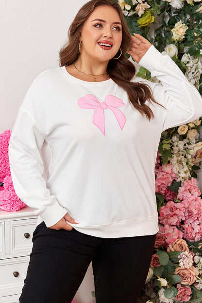 Threaded Pear Beige Big Bow Accent Plus Size Drop Shoulder Sweatshirt