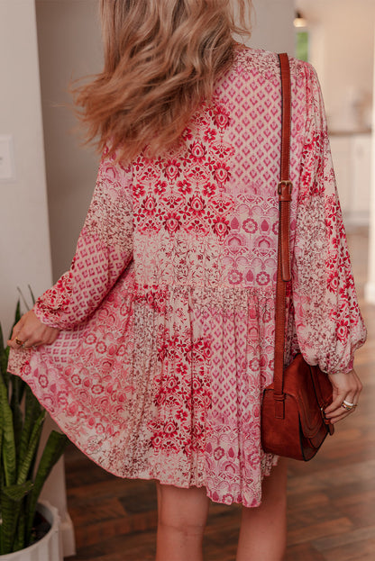 Threaded Pear Melody Floral Tassel Tie Long Sleeve Mini Dress