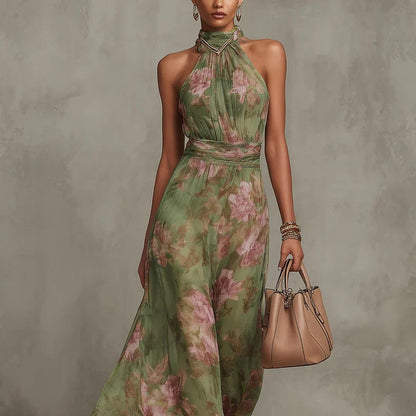 Green Graffiti Print Mesh Suspender Maxi Dress – High-Waist Irregular Slit Streetwear Dress