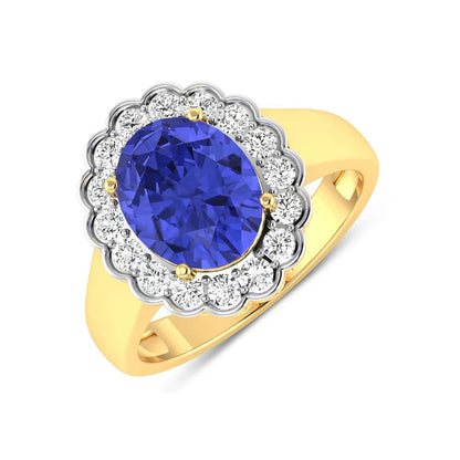 2.69 Ct Oval Violet Tanzanite and White Diamond Prong 14k Gold Halo Statement Floral Ring