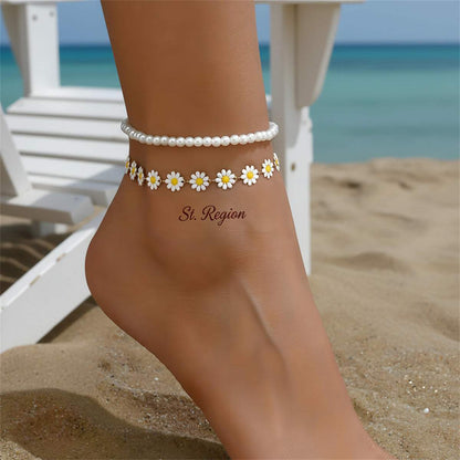 Pearl & White Enamel Goldtone Mum Stations Anklet Set