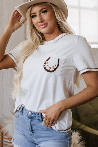 Threaded Pear Horseshoe Embroidered Patch Pocket Tee