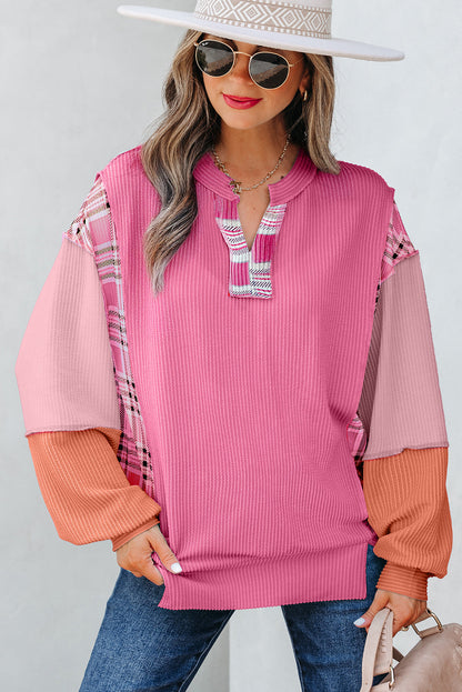 Threaded Pear Maddie Texture Colorblock Patchwork Long Sleeve PLUS Top