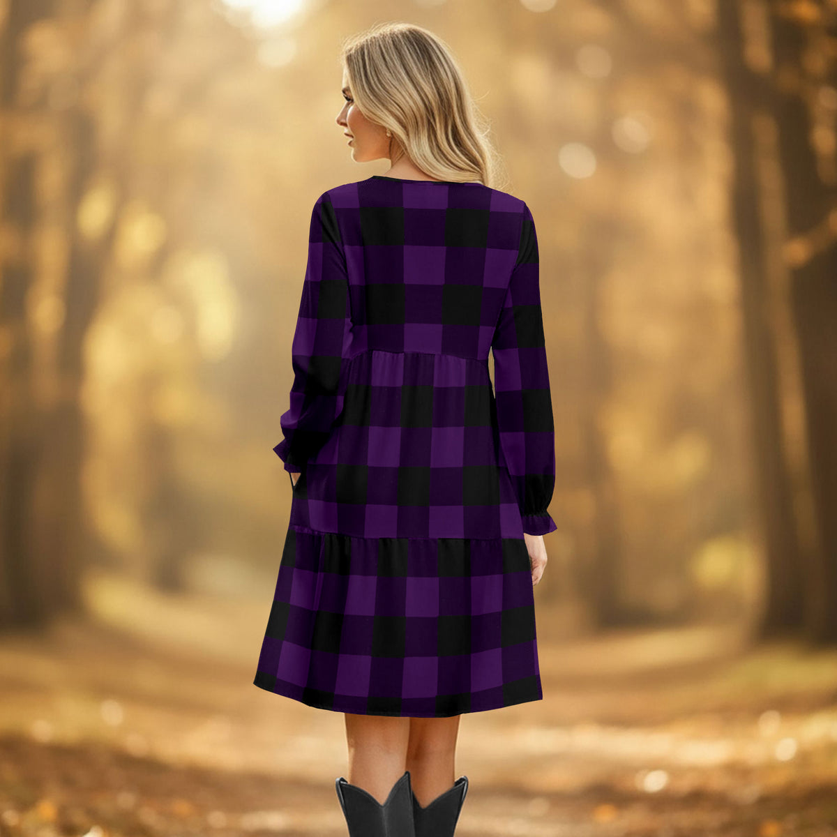 Purple Long Sleeve Ruffle Cuff Tiered Dress with Pockets