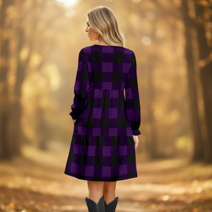 Purple Long Sleeve Ruffle Cuff Tiered Dress with Pockets