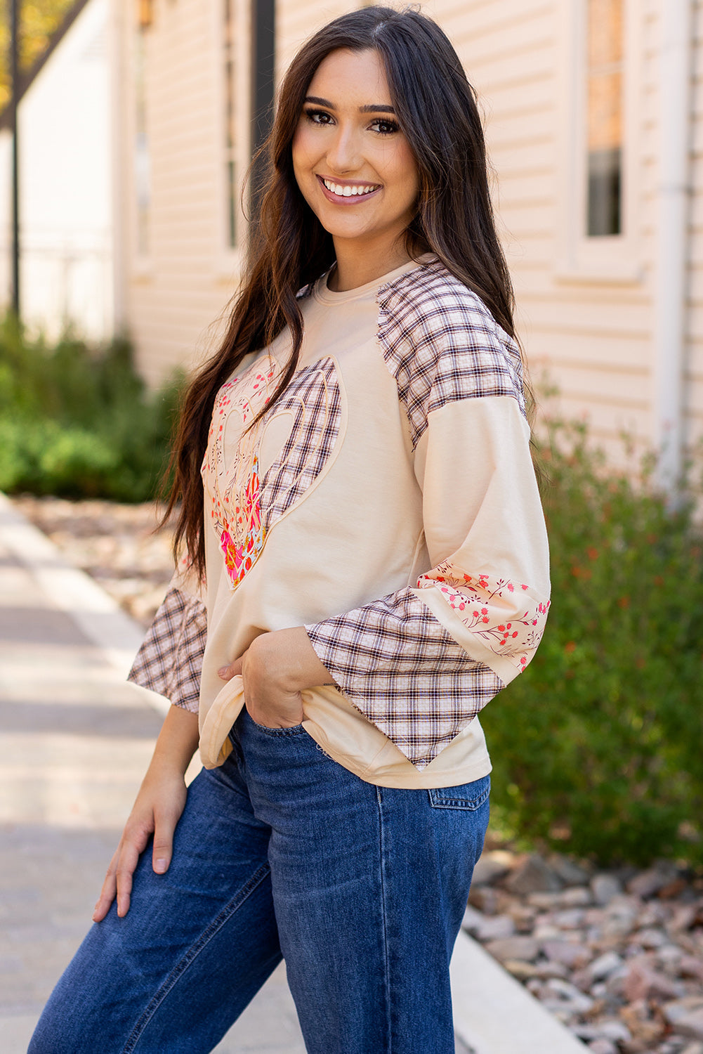 Emilia Plaid Floral Peace Heart Long Sleeve Top by Threaded Pear
