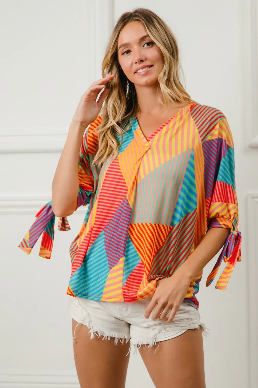 BiBi Multi Stripe Block Printed Jersey Blouse with Tied Sleeves
