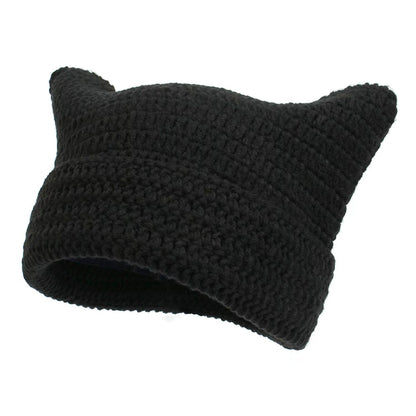 Women’s Hand Knitted Striped Cat Hat – Cute Warm Winter Beanie